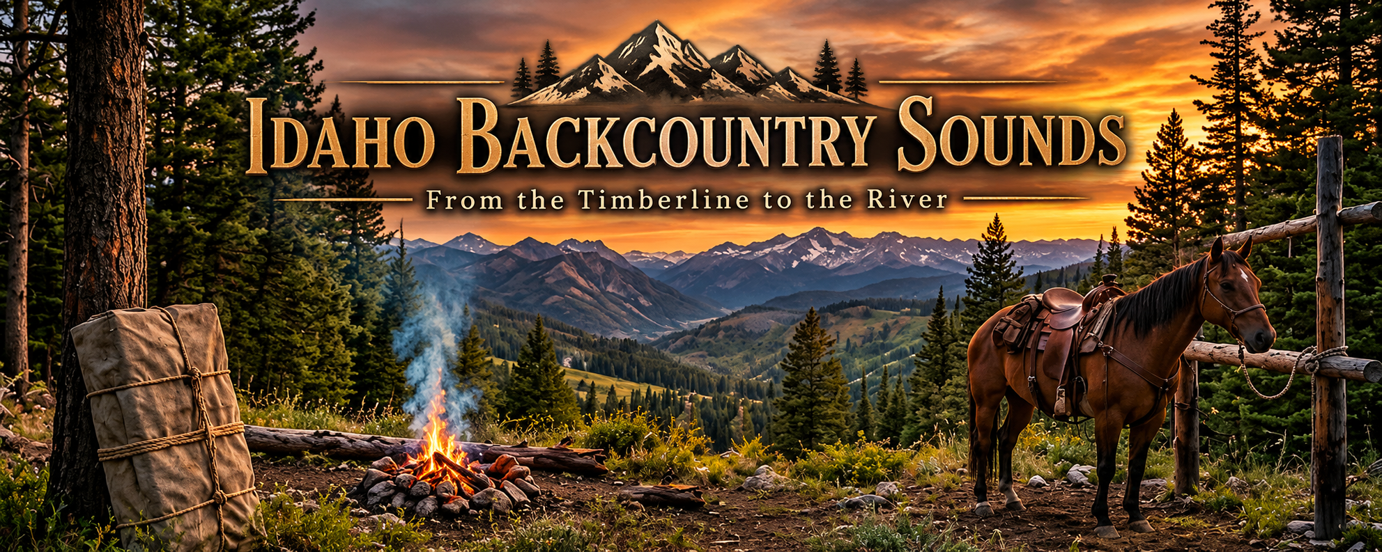 Idaho Backcountry Sounds — From the Timberline to the River. Mountain campsite at sunset with a saddled horse.